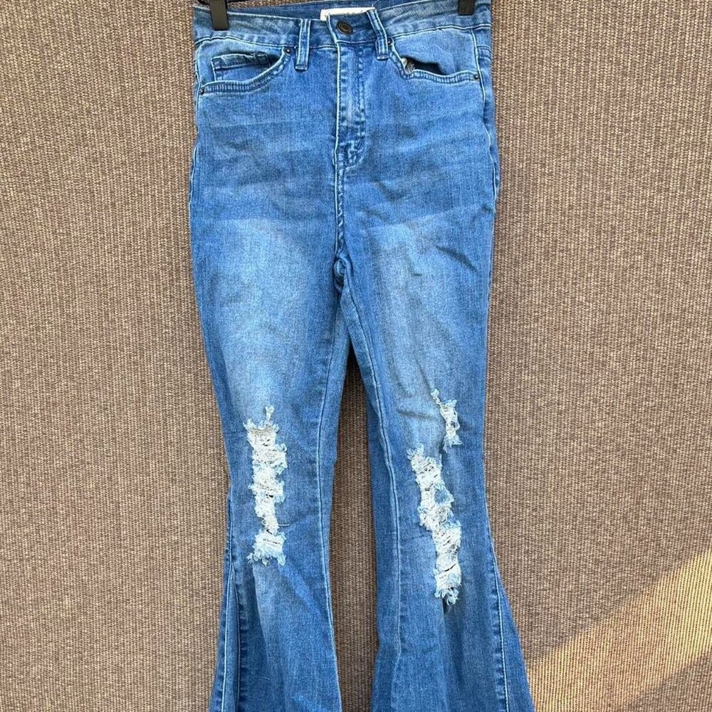 YMI Gigi High Rise Flare Distressed Raw Hem Dark Wash Jeans Women’s Sz 3/26